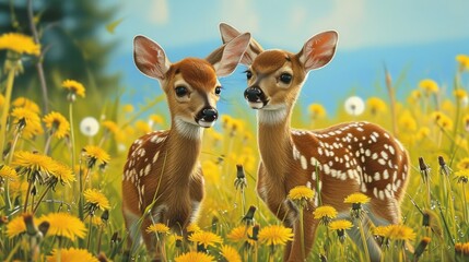 Two fawns standing in a field with dandelions.