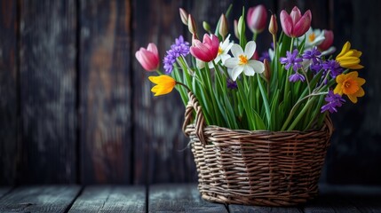 Spring flowers in basket on dark wooden background.