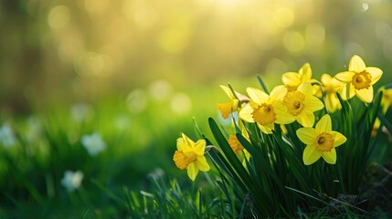 Beautiful panoramic spring nature background with daffodil flowers © kardaska