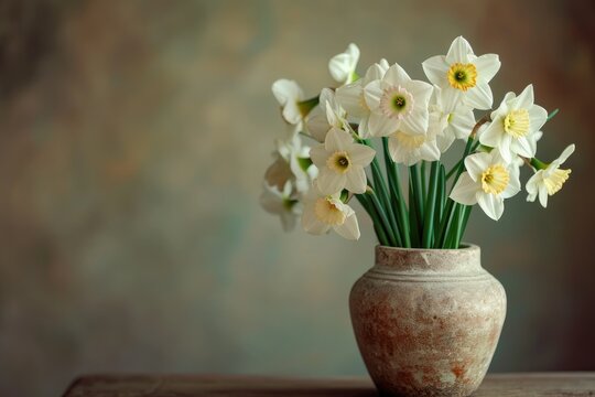 Blooming white daffodils in a decorative home vase.
