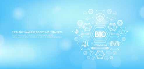 Vitamin B10 or Aminobenzoic Acid with medical icons. Vitamins minerals from natural essential health skin care body organs healthy. Build immunity antioxidants digestive system. Banner vector EPS10.