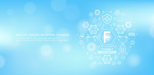 Vitamin F or Linoleic Acid with medical icons. Vitamins minerals from natural essential health skin care body organs healthy. Build immunity antioxidants digestive system. Banner vector EPS10. - obrazy, fototapety, plakaty