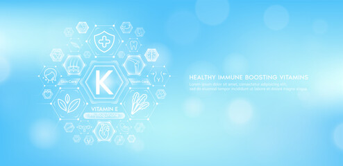 Vitamin K or Phylloquinone with medical icons. Vitamins minerals from natural essential health skin care body organs healthy. Build immunity antioxidants digestive system. Banner vector EPS10. - obrazy, fototapety, plakaty