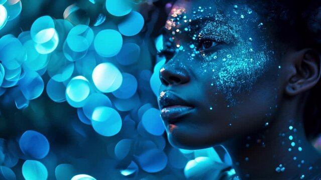 Portrait of a woman with celestialinspired face jewels, her skin glowing with a subtle blue highlight as if shes been touched by a comet.