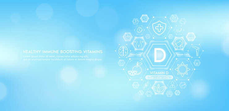 Vitamin D or secosteroids with medical icons. Vitamins minerals from natural essential health skin care body organs healthy. Build immunity antioxidants digestive system. Banner vector EPS10.