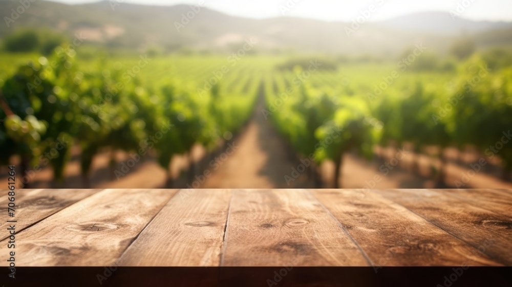 Poster the empty wooden table top with blur background of vineyard. exuberant image. generative ai