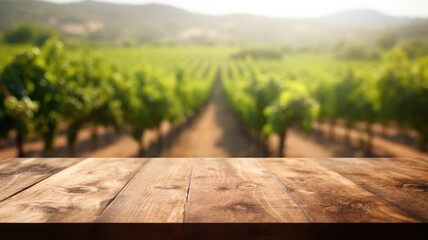 The empty wooden table top with blur background of vineyard. Exuberant image. generative AI - obrazy, fototapety, plakaty