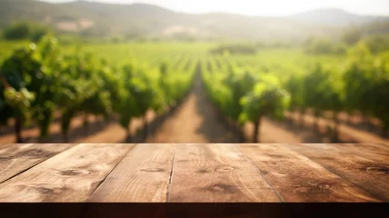  The empty wooden table top with blur background of vineyard. Exuberant image. generative AI © Summit Art Creations