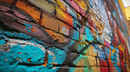 An angled view of an urban brick wall with vibrant graffiti art