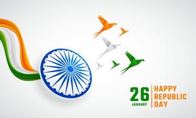 Happy Republic Day India Social Media Post. 26 January - Indian Republic Day Celebration Greeting Card with Text and Tricolor Origami Birds Flying - obrazy, fototapety, plakaty