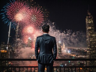 Man in Suit Watching Fireworks Display at Night