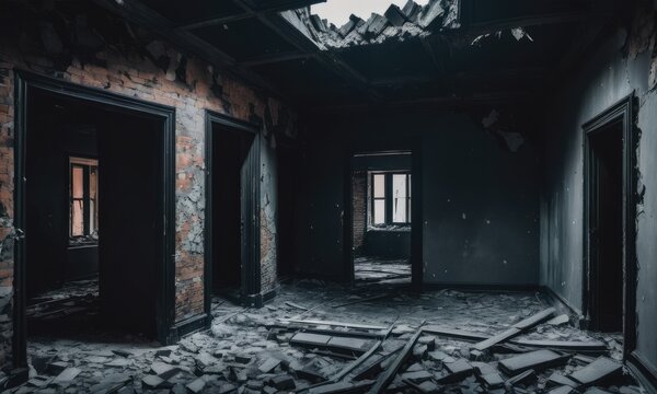 Inside a dark and dim abandoned house or small building. Dark and dim remains or ruins of a concrete and brick architecture by ai generated