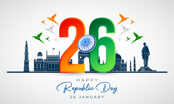 Happy Republic Day India Social Media Post. 26 January - Indian Republic Day Celebration Greeting Card with Text and Tricolor Origami Birds Flying