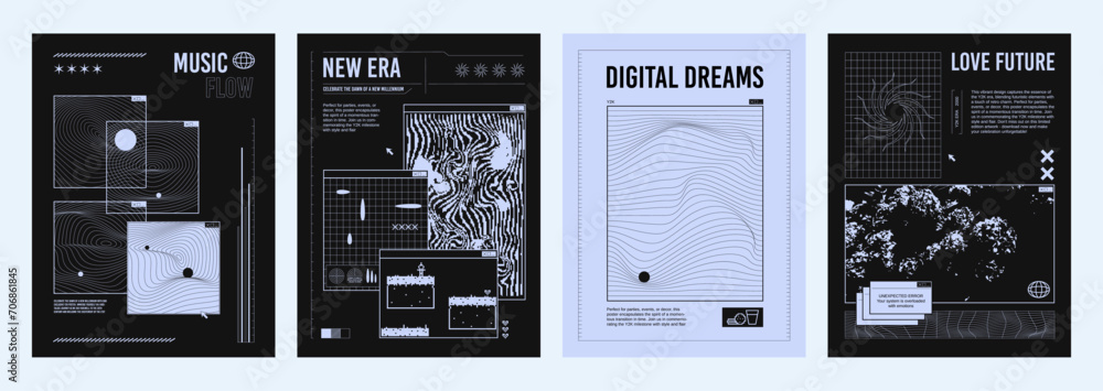 Poster poster or cover design in y2k aesthetic style in black and blue colors with abstract grid shapes and
