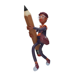  3D illustration .3D Cartoon Design Student holding a giant pencil. showing a heavy facial expression. wearing a brown bag. 3D Cartoon Character