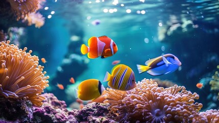 Naklejka na ściany i meble 3d wallpaper coral reef tropical colorful fish in the water aquarium