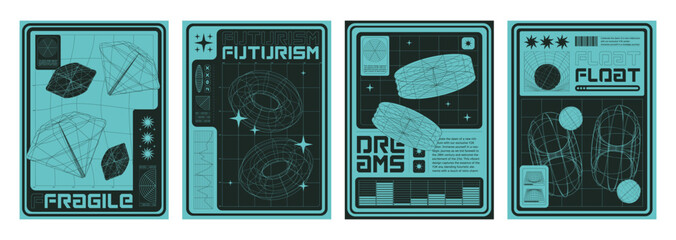 Set of retro futuristic y2k geometric posters. Vector realistic illustration of trendy retrowave flyers with 3D wireframe globe, torus, diamond shape elements and text on mesh landscape background - obrazy, fototapety, plakaty