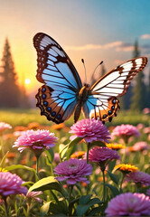 Obraz premium Butterfly Soaring Above Blooming Meadow of Colorful Flowers