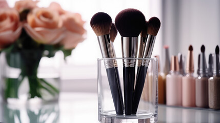 A glass container with makeup brushes in it, is a versatile and stylish image suitable for beauty and cosmetics-related designs, including advertisements, websites, and social media.