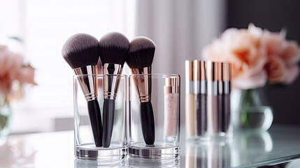 A glass container with makeup brushes in it, is a versatile and stylish image suitable for beauty and cosmetics-related designs, including advertisements, websites, and social media.
