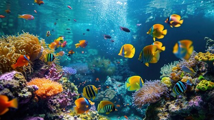 Obraz na płótnie Canvas 3d wallpaper coral reef tropical colorful fish in the water aquarium