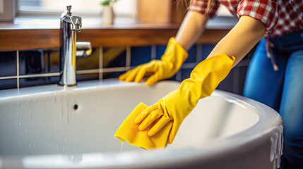  a woman cleaning a bathroom sink in yellow gloves,  cleaning concept - obrazy, fototapety, plakaty