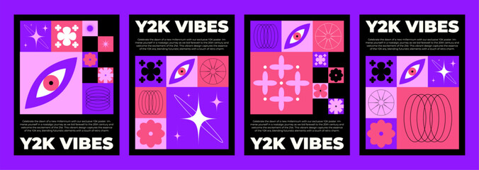 Y2k retro style poster or cover design layout with bright neon pink and purple colored abstract simple elements. Flyer and banner 2000s aesthetic layout with cute geometric sticker and text box.