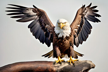 Bald Eagle Spreads Wings on Branch, Majestic Bird in Flight