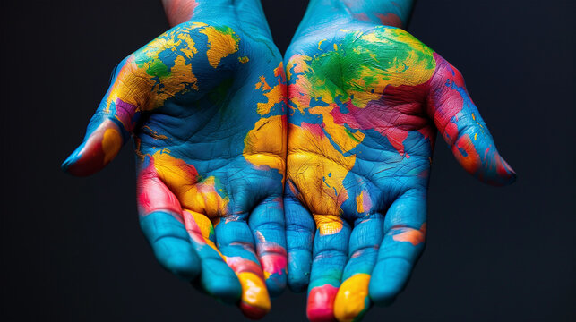 Hands Painted with World Map Symbolizing Harmony and Interconnectedness - Colorful Details Enhanced with Lighting, Emphasizing Unity Theme 
