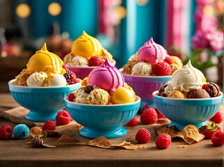 Three Bowls of Ice Cream With Raspberries and Raspberries
