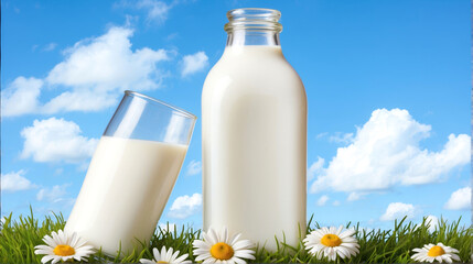 Obraz na płótnie Canvas Bottle and glass of milk with grass, daisies and sky