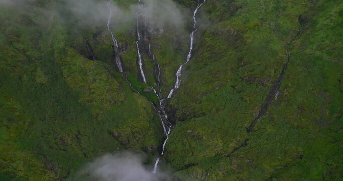 Adventurous Landscape with waterfalls covered by clouds, Aerial shot, Rivers Nepal greenery 4K