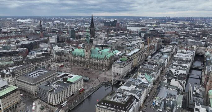 Hamburg town hall building. Hamburg City Hall, in german: Hamburger Rathaus, is the seat of local government of Hamburg, Germany. Aerial drone view.