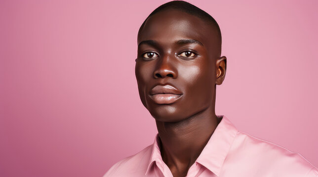 Portrait of a handsome elegant sexy African man with dark and perfect skin, on a pink background.