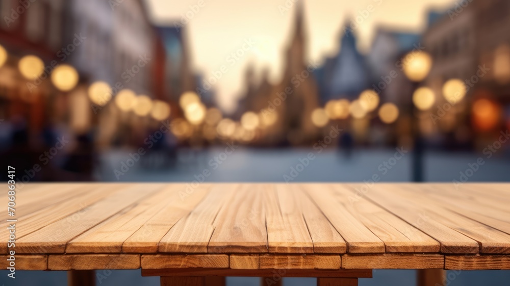Poster the empty wooden table top with blur background of town square. exuberant image. generative ai