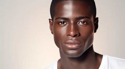 Portrait of a handsome elegant sexy African man with dark and perfect skin, on a white background.