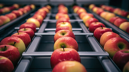 Healthy fruits,industry  food production, Clean and fresh apples on conveyor belt in food processing facility, ready for automated packing. - obrazy, fototapety, plakaty