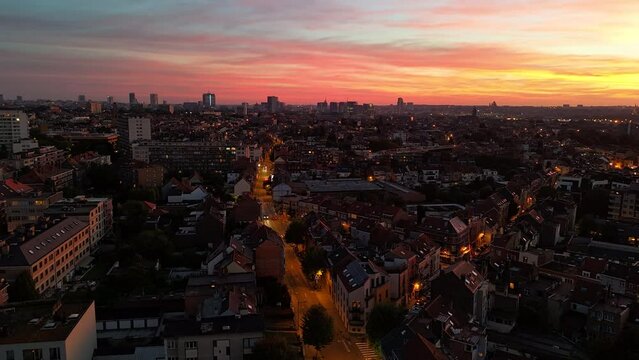 Aerial City Street Hyperlapse Brussels Night, Sunset Evere Neighborhood, Skyline