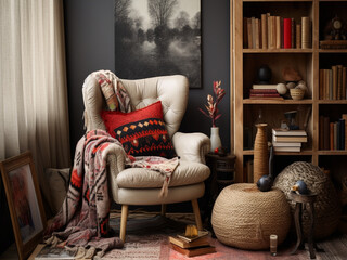 A cozy, eclectic mix with a patchwork armchair, a woven wall hanging, and a stack of art books
