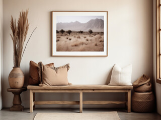 A rustic boho vibe with a wooden bench, a cowhide rug, and a series of landscape prints