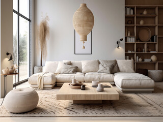 Modern boho living room with a statement pendant light and a plush rug