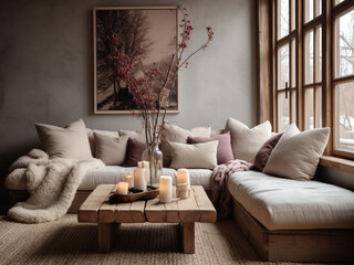 An inviting space with a corner sofa, a wool throw, and a rustic wooden coffee table