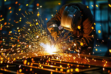 Worker with welding equipment sparks flying in industrial environment. Safety and skill in metal fabrication.