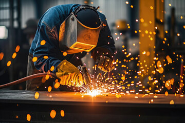 Skilled welder performing metalwork in an industrial workshop surrounded by intense sparks and wearing protective gear.