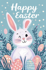 Winking Easter poster with an Easter bunny between rows of eggs, words overhead displaying text: "Happy Easter"