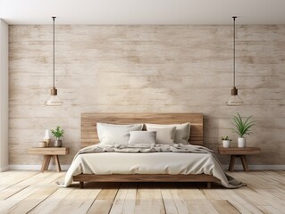 Beige style bedroom With a blank wall on the head of the bed with a hanging lamp.