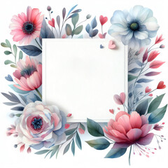 Watercolor floral frame with pink and blue flowers and leaves on a white background.