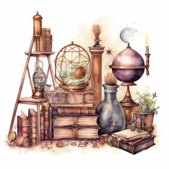 Enchanted Alchemist's Bookshelf - Watercolor Illustration of Magical Study Room