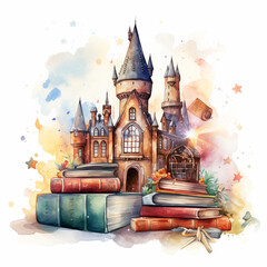 Enchanted Castle on Antique Books - Fantasy Watercolor Illustration