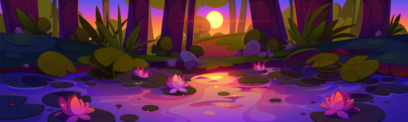 Rainforest swamp with lotus flowers at sunset. Vector cartoon illustration of beautiful scenery with water lilies on lake surface in shadow of jungle trees and plants, bright sun rising on horizon - obrazy, fototapety, plakaty